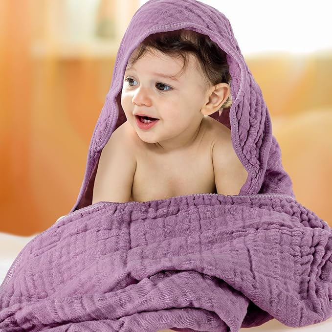 Peryiter 4 Pcs Muslin Hooded Baby Towels, 32"x 32" Cotton Newborn Bath Towel Muslin Infant Baby Blankets Absorbent Unisex Christmas Registry Gift Essentials for Girls Boys (Purple Series)