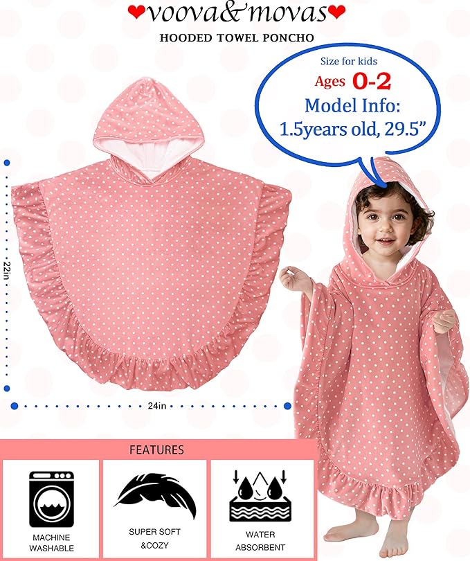 VOOVA & MOVAS Baby Hooded Towel Poncho with Ruffle Trim | Soft 100% Cotton | Absorbent Thick Towel for Bath, Swim, Beach & Winter | Cozy, Pink White Dot