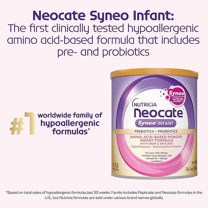 Neocate Syneo Infant - Hypoallergenic, Dairy-Free, Amino Acid-Based Baby Formula with Prebiotic Fiber, Probiotics & DHA/ARA - Food Allergy-Friendly Formula - 14.1 oz (Pack of 1)
