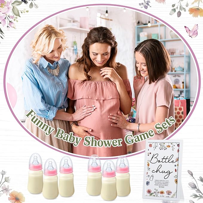 Roowest Bottle Chug Baby Shower Game Favors Including Wideflower Theme Wooden Sign and 18 Pcs Baby Bottles for Gender Reveal Party Supplies
