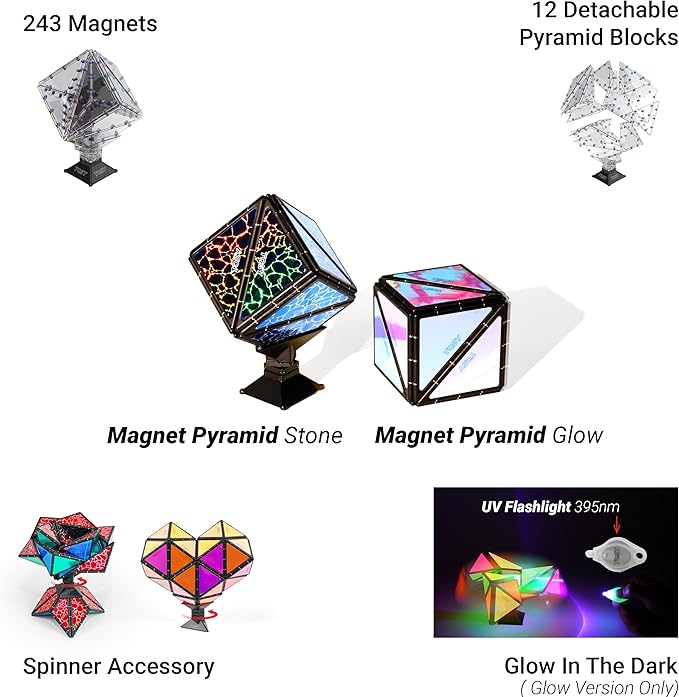TOSY Magnet Pyramid - 1 Cube Transforms into 1 Billion Shapes, 12 Pieces, 243 Rare Earth Magnets, Glowing, Christmas Stocking Stuffers Gift for Kids, Creative Puzzle STEM Toy, Mixed Set