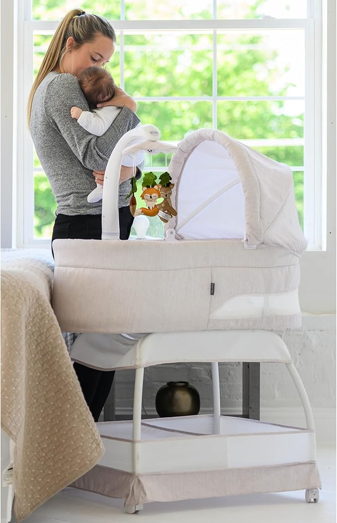 Baby Sweetli Calm Infant Bassinet Bedside Crib Sleeper with Cry Recognition, Electric Mobile with Deluxe Toys, Music, Nightlights, Vibration (Wheat Melange)