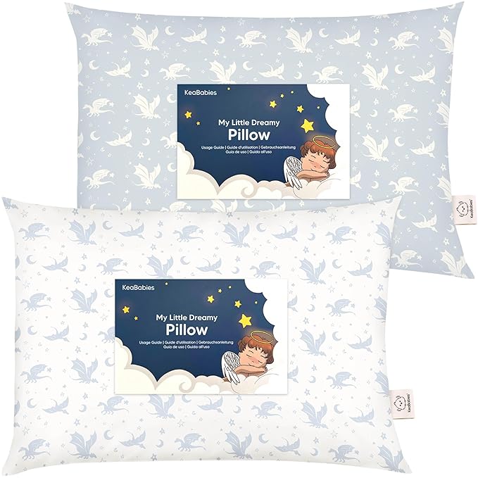 KeaBabies 2-Pack Toddler Pillow 13x18 - Soft Organic Cotton Kids Travel Bed Pillows for Sleeping, School, Nap, Machine Washable, Toddlers 2 to 5, Pillowcase Sold Separately (Dragons)