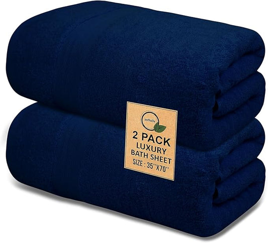 100% Cotton Luxury Bath Sheets - Pack of 2 (35" x 70") | Super Soft, Quick-Dry & Highly Absorbent Towels for Bathroom, Home, Spa & Gym (Navy Blue)