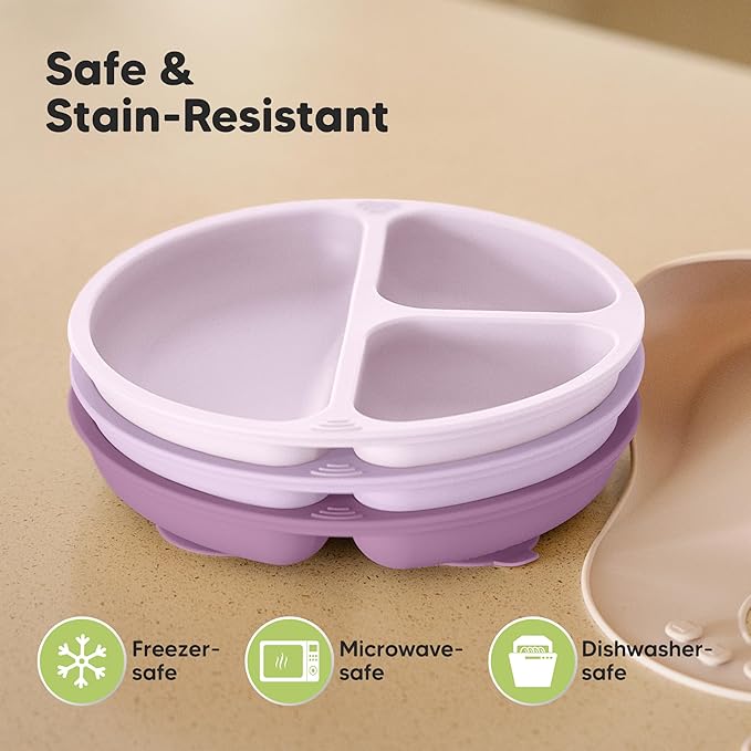 KeaBabies Suction Plates for Baby, Toddler - 3-Pack 100% Silicone Toddler Plates with Suction, Divided, BPA-Free Baby Led Weaning Essentials for Kids, Dishwasher, Microwave Safe, Durable (Amethyst)