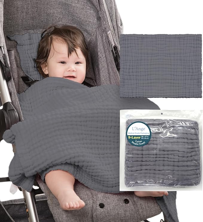 L'Ange Baby Bath Towel - 9 Layers 100% Cotton Muslin, Super Quick Dry, Medical Grade Packaging for Infants and Newborns - 28 x 47in - Gray