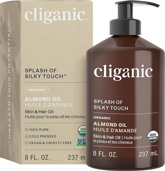Cliganic Organic Sweet Almond Oil, 100% Pure (8oz) - for Skin & Hair, Nourishing Carrier Oil for Face & Body