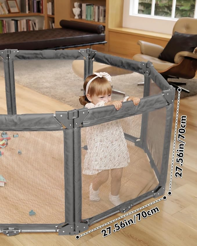 Extra Wide Baby Gate Playpen with Heat-Resistant Mesh,6 Panel Foldable Baby Fence,Indoor/Outdoor Safety Barrier,Dog Playpen & Fireplace Gate Gray