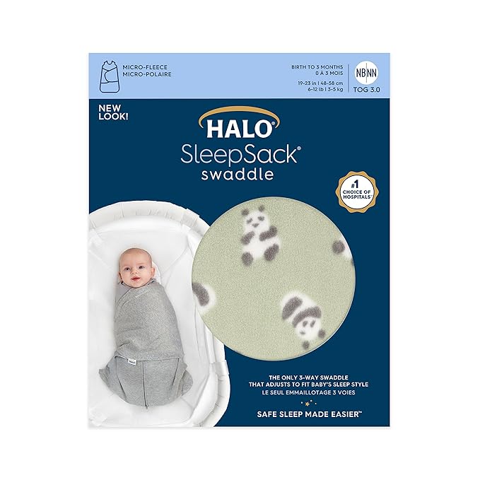HALO Micro-Fleece Sleepsack Swaddle, 3-Way Adjustable Swaddle Blanket for Newborn and Infants, TOG 3.0 for Cold Climates, Hip Healthy, Cozy Pandas, Small, 3-6 Months