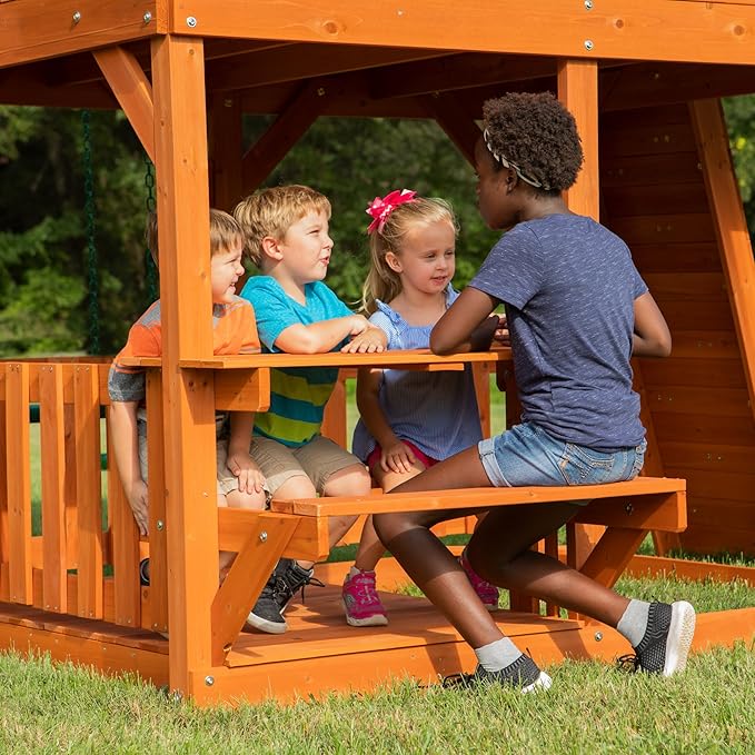 Backyard Discovery Skyfort II Cedar Wood Swing Set with Wave Slide, Raised Clubhouse, Crow's Nest, Monkey Bars, Balcony, Belt Swings, Trapeze, Rock Wall, Picnic Table, Sandbox, Ladder, Outdoor Playset