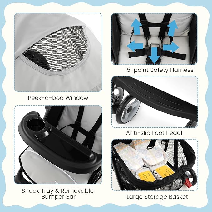 Baby Joy Lightweight Stroller, Compact Toddler Travel Stroller for Airplane, Infant Stroller w/Adjustable Backrest/Footrest/Canopy, 5-Point Harness, Storage Basket, Easy One-Hand Fold (Gray)
