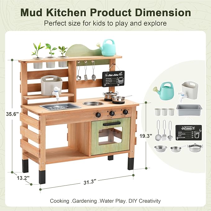 OLLIKIVI Outdoor Play Kitchen for Kids | Wooden Mud Kitchen Set with Removable Sink, Planting Area, Oven, Stove, Dual-Sided Chalkboard & Storage | Backyard Pretend Toy | Ages 3+