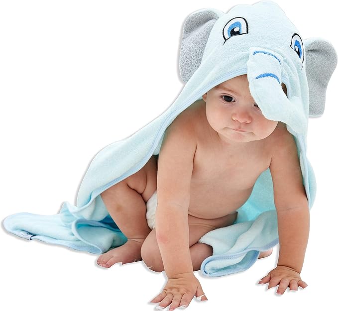 HIPHOP PANDA Hooded Towel - Rayon Made from Bamboo, Bath Towel with Bear Ears for Newborn, Babie, Toddler, Infant - Absorbent Large Baby Towel - Blue Elephant, 30 x 30 Inch