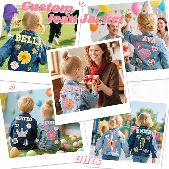 Personalized Jean Jacket for Kids with Name Patches - Custom Toddler Girls Boys Denim Jacket - Spring Fall Clothes - Birthday Christmas Gifts for Children 1-8
