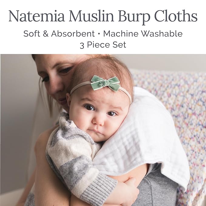 Natemia Muslin Burp Cloths for Baby Boys and Girls - Super Absorbent Baby Burp Cloths, Viscose Derived from Bamboo Cotton Baby Washcloths, 3-Pack Neutral Burp Cloths for Newborn, 21" x 11"