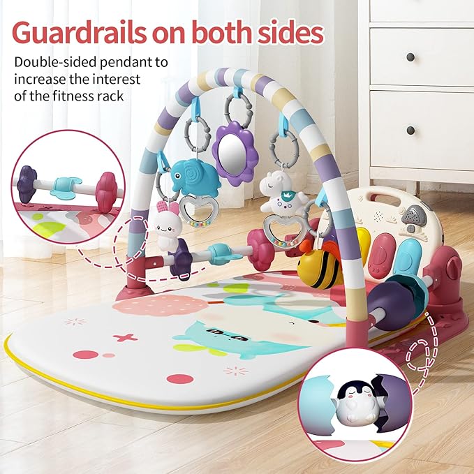 Baby Gym With Kick and Play Piano - Activity Mat for Tummy Time With 5 Infant Learning Sensory, Music and Lights for Newborn Boy or Girl (Pink)