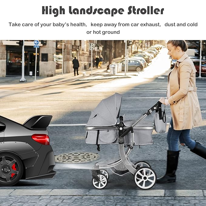 BABY JOY 2-in-1 High Landscape Baby Stroller, Reversible Bassinet Reclining Stroller, Foldable Push Chair w/Adjustable Canopy, Storage Bag, Foot Cover, Rain Cover & Net, Aluminum Alloy Frame (Gray)
