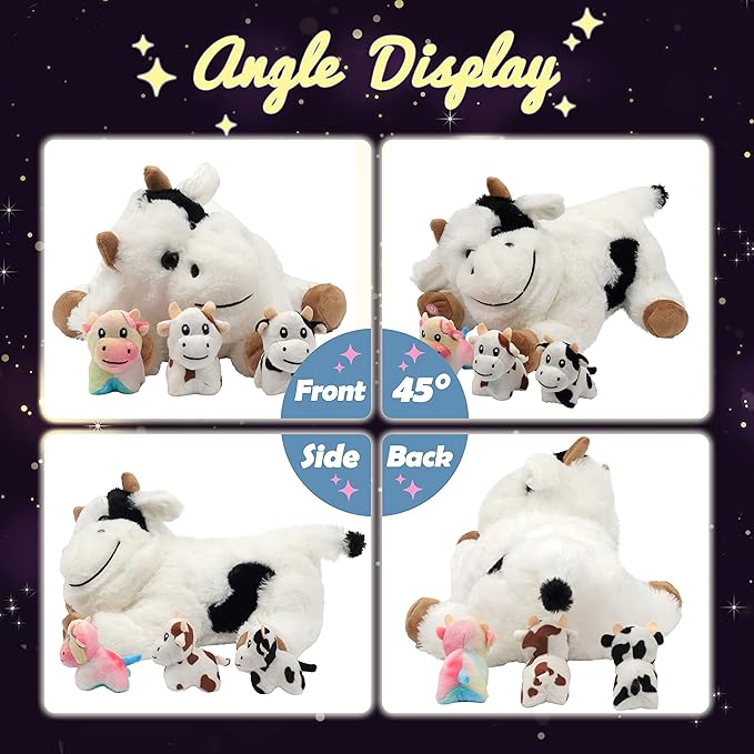 Hopearl LED Plush Cow Lighting Up Stuffed Mommy With 3 Baby Dairy Cows in Her Tummy - Floppy Animal Playset Night Lights Glow in The Dark for Mom Toddlers, 15''