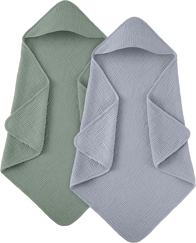 Susurration Hooded Baby Towels for Newborn 2 Pack 100% Muslin Cotton Towel for Babies，Highly Absorbent and Newborn Essential 30x30 Inch Gray&Green