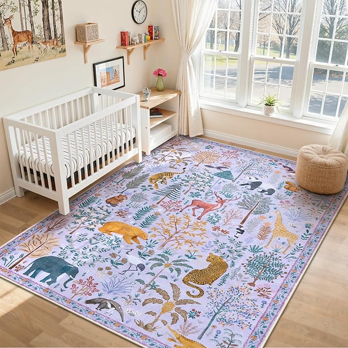 OJIA Animal Kids Room Rugs Washable Area Rug 8x10 Nursery Rug, Boho Rugs for Living Room Playroom 8 x 10 Bedroom Carpet, Non-Slip Ultra-Thin Indoor Large Floor Carpet for Dining Room Farmhouse