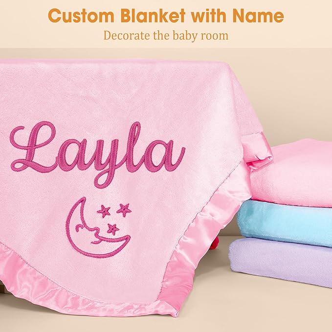 Personalized Baby Blanket with Name, Custom Flannel Swaddle Blankets, Customized Embroidered Receiving Blanket for Girls, Baby Shower Birthday for Newborn - Pink(36" x 36")