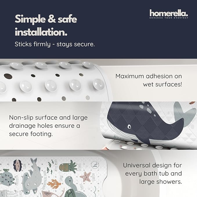 Homerella Baby Bath Tub Mat | Anti Mold Mildew Resistant Non Slip Kids and Adult Bath Tub Shower Mats | 40x16 inch Long with Suction Cups for Secure Grip Hooks for Storage & Drying | Machine Washable