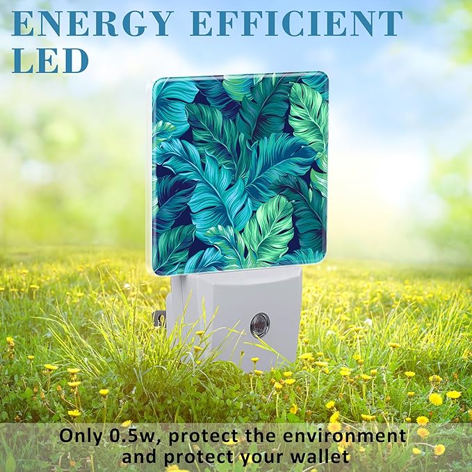 Night Light Plug into Wall Turquoise and Green Tropical Leaves Night Light with Dusk to Dawn Sensor Night Light for Kid Girls Boys Women Room Decor,Hallway,Kitchen,Bathroom,Nursery,Stairs
