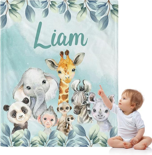 J&SBGFT Personalized Baby Blanket for Boys,Custom Baby Blanket with Name, Customized Name Blanket Receiving Blankets for Toddlers Kids Nursery Stroller Crib Decor Throw,Safari Animal Forest