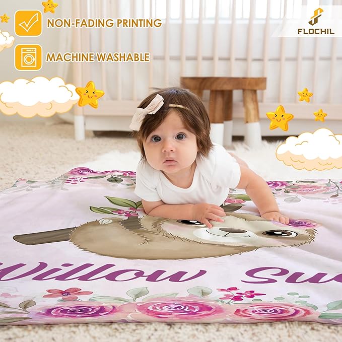 FLOCHIL Personalized Baby Blanket - Custom Baby Blanket with Name for Girls, Newborn Sloth Plush Fleece (30x40)
