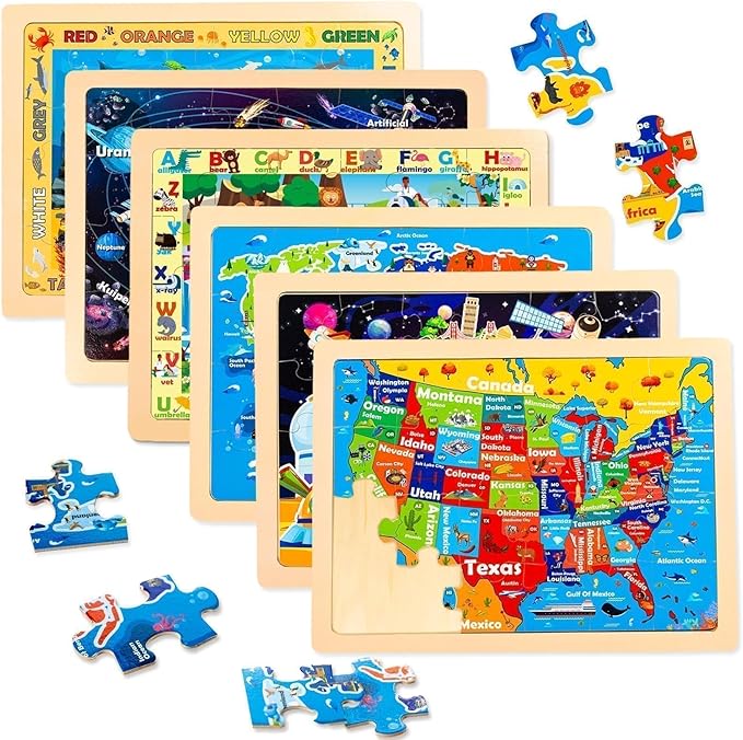 Christmas Wooden Puzzles for Toddlers 3-5,6 Packs 24Pcs Jigsaw Wooden Solar System Puzzles for Ages 4-8,Preschool Educational Brain Toys Gifts for Boys and Girls 2 4 3 5 Year Old（World Map）