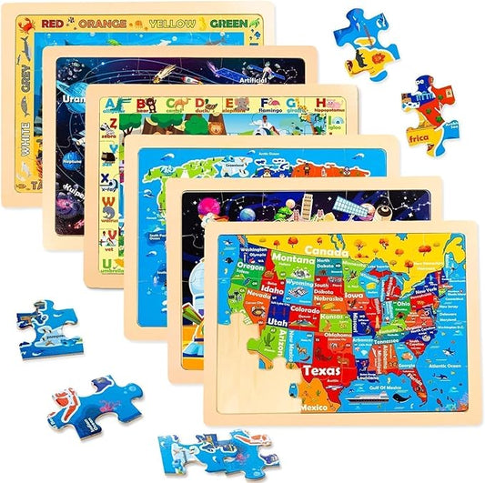 Christmas Wooden Puzzles for Toddlers 3-5,6 Packs 24Pcs Jigsaw Wooden Solar System Puzzles for Ages 4-8,Preschool Educational Brain Toys Gifts for Boys and Girls 2 4 3 5 Year Old（World Map）
