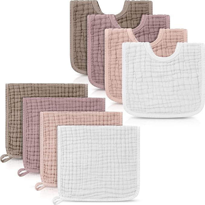 Tallew 8 Pack Muslin Burp Cloths and Baby Bibs for Boy Girl 20" x 10" Cotton Baby Bandana Drool Bibs Muslin Burp Cloths Absorbent Rag for Newborn Toddler Infant Gifts(Elegant Color)