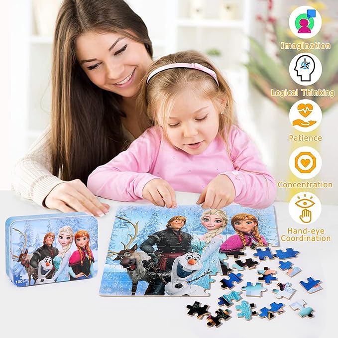 LELEMON Snowmen 100 Piece Puzzle in a Metal Box, Educational Jigsaw Puzzle for Ages 4-8
