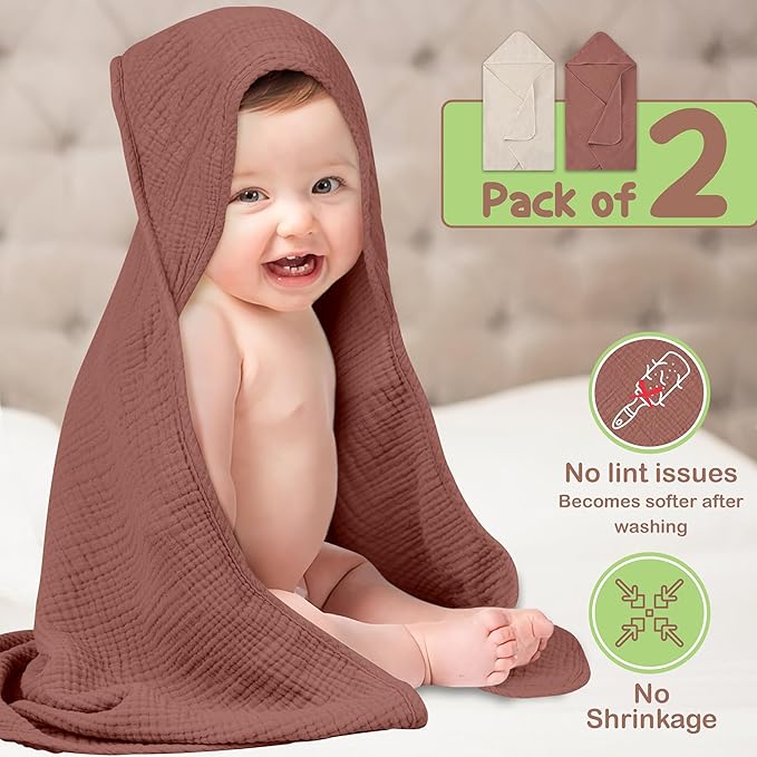 Organic Cotton Muslin Baby Hooded Towels - 32x32 Inch, 2 Pack Newborn Bath Towels for Boys & Girls, Soft & Absorbent Bath Set (Rust/Ivory)
