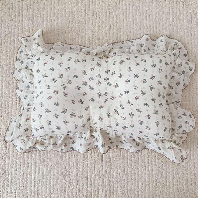 BuLuTu Chic Bellflower Pink Toddler Pillowcase with Ruffles Pillow Cover for Boys Girls 1 2 3 4 5 6 Years Old, Soft Breathable Muslin Cotton Pillow Case for Crib Cot Cradle, 14"x20", 1 pc