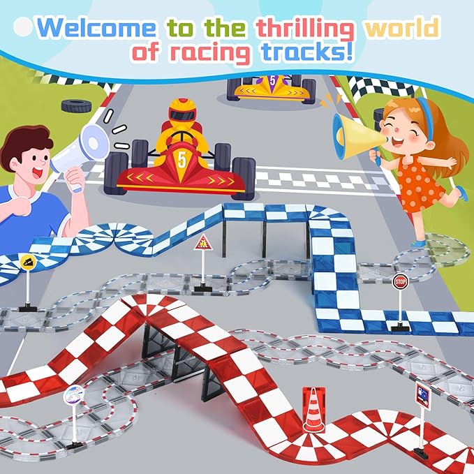 Magnetic Tiles Road Set & Racing Track Expansion Pack, Magnetic Blocks Building Toys for 3+ Year Old Boys Girls, STEM Magnetic Toys Magnetic Tiles for Toddlers 3-5 4-8