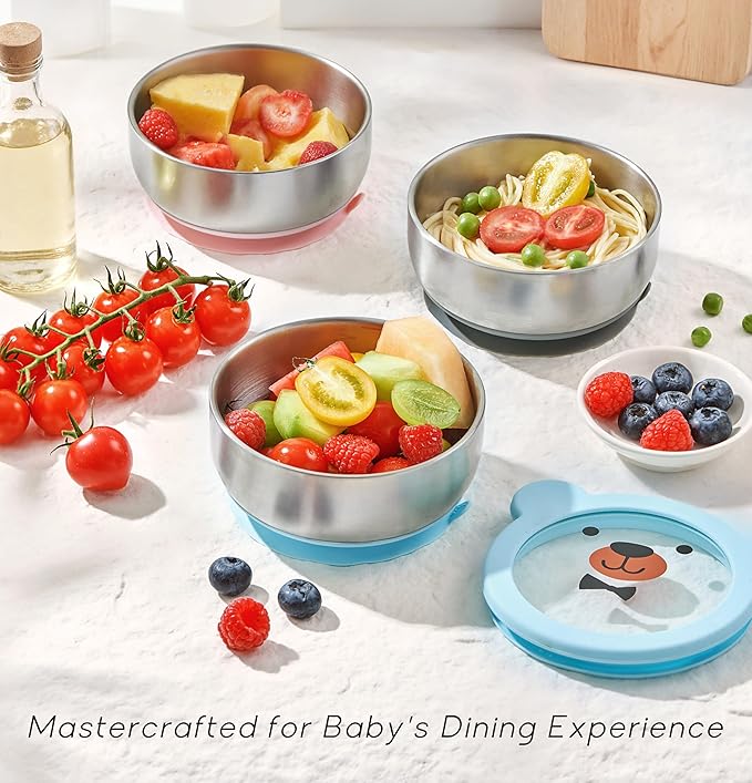BPA-Free 100% Food-Grade Stainless Steel Baby Bowls with Suction Toddler Bowl Double-Layer Insulated Kids Bowls with Non-Slip Silicone Suction Cup Infant Bowls with Spoon Airtight Glass Lids Gray