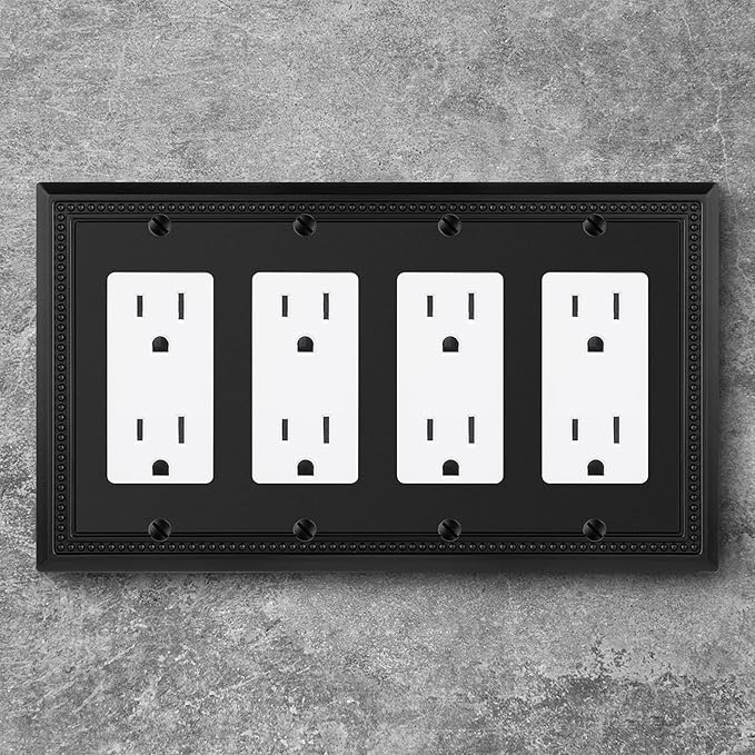 Henne Bery Sunken Pearls Heavy Duty Decorative Wall Plate Switch Plate Outlet Cover (Quad Decorator, Matte Black)
