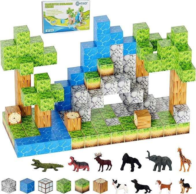 Contixo Magnetic Blocks - 145 PCS Magnet Cubes Building Tiles for Kids Ages 3-12, STEM Learning Toys with Vibrant Colors, Educational Toddler Toys for Creative Play, Birthday Gifts for Boys and Girls