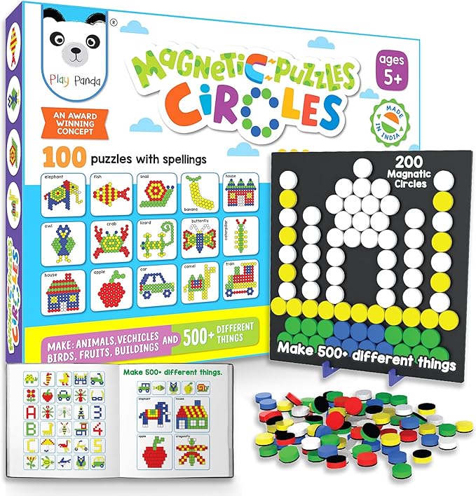 Magnetic Puzzle Circles | 100 guided Puzzles | 200 Tangram Puzzle Circles Magnets | Magnetic Board & Display Stand | STEM Educational Toy for Kids Ages 5+ years