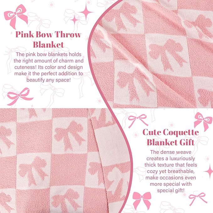 Pink Bow Blanket Cozy Knitted Bow Checkered Throw for Baby Girls, Reversible Pattern Bows Gift, Coquette Pink Bows Bedding Stuff Decor Blankets 50x60 Inches