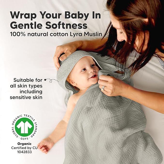 KeaBabies Muslin Hooded Baby Towels for Newborn Girls, Boys - 2-Pack, 30x30 Organic Cotton Baby Bath Towels Hooded, Soft Absorbent, Toddlers, Kids, Infant, Newborn Bath Essentials (Graphite, Petite)