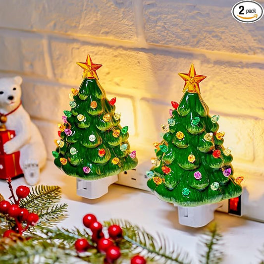 Brightown Ceramic Christmas Tree Night Light - 2 Pack Christmas Decorative Ceramic Tree with ON/Off Switch, Vintage Christmas Night Light for Bedroom Porch Holiday Decor