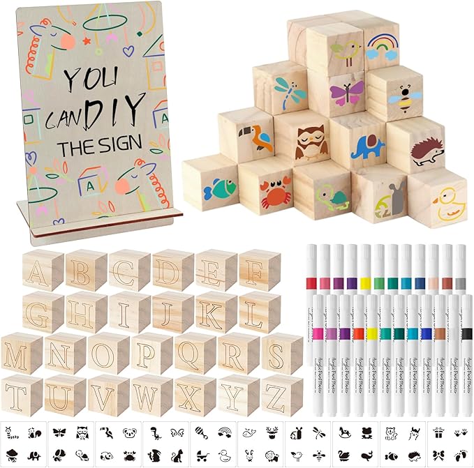117 Pcs Baby Shower Blocks to Decorate Game Kit Includes 52 Wooden Blocks 24 Markers 1 Game Sign 40 Templates to Paint (Wood)