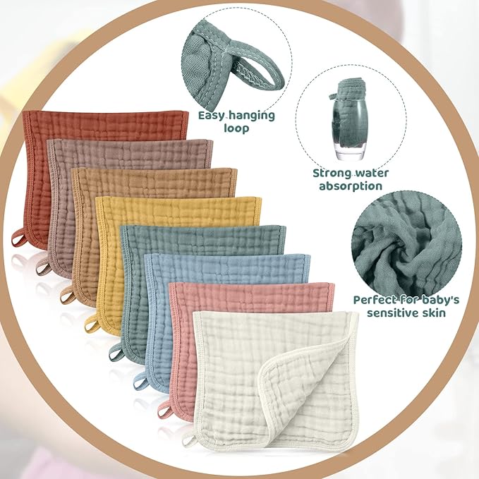 8 Packs Muslin Burp Cloths 6 Layers Unisex Baby Items Absorbent Burp Rags Colorful Muslin Washcloths for Baby Plain Soft Cotton Cloth for Babies Girls Boys, 10 x 20 Inch (Modern Colors)