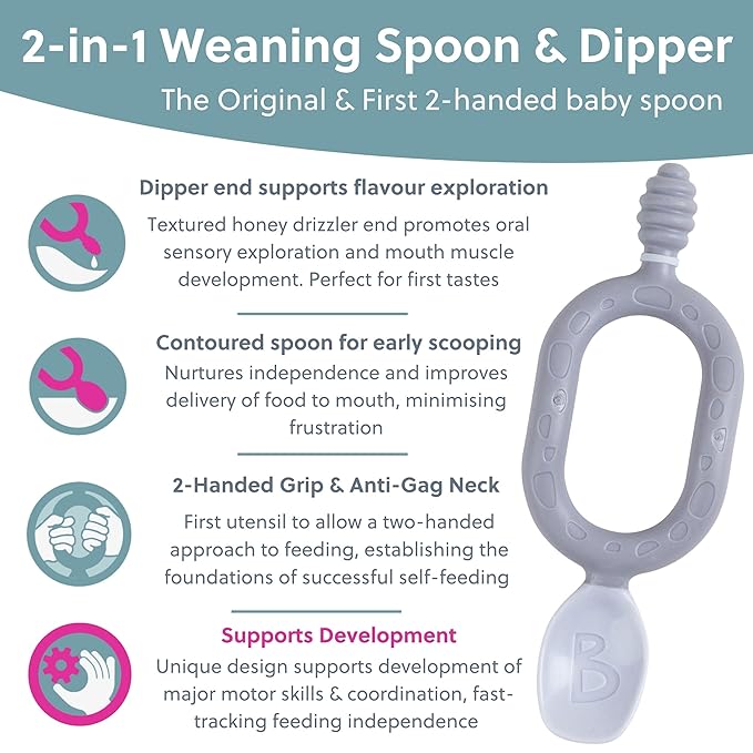 Bibado - Dippit Baby Spoon and Dipper, Mist (2-Pack) - Soft, Chewable Dipper & Deep Spoon - Two-Hand, Sensory Grip - Toddler Utensils - Baby Led Weaning Supplies - Baby Essentials - 6 Months+
