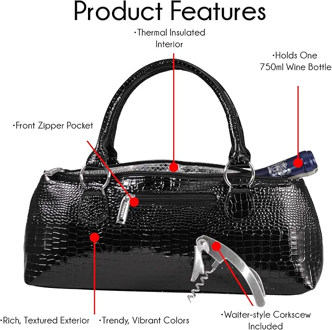 Wine Clutch Bag (Thermal Insulated) Trendy Women’s Carry Tote | Holds Red & White 750mL Bottles | Trendy Fashion | Incl. Portable Waiter-Style Corkscrew