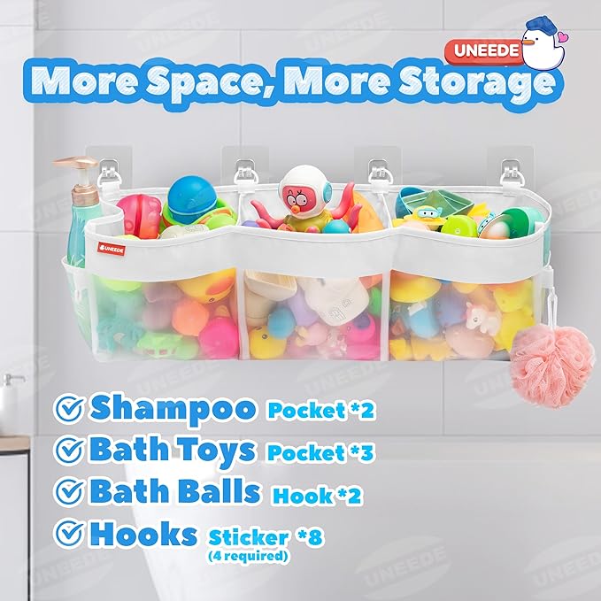 UNEEDE 3 Compartment Horizontal Bath Toy Organizer for Tub,Extra Large Capacity 4.95 Gallons Bath Toy Storage Holder,Mesh Quick Dry Bathtub Storage and Organizer,Easy Access Baby Bathtub Holder