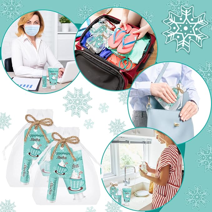 24 Sets Hand Cream and Lip Balm Gift Bridal Baby Shower Party Supply Travel Size Hand Lotion and Lip Balm Bulk with Organza Bag and Tag Wedding Baby Shower Party(Mint,Peppermint Mocha)