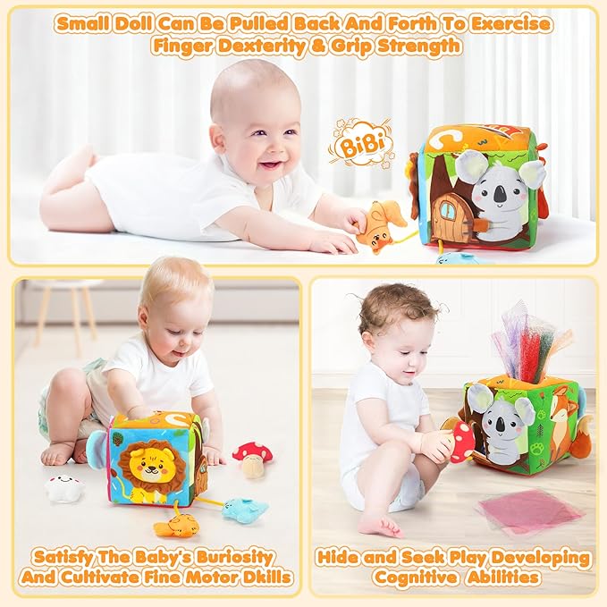 Baby Tissue Box Toy - Baby Toys 6-12 Months Montessori Toys for 6 Month Old with Squeaking Toy Cat, Rattle, Silk Scarves, Safety Mirror, for 1 Year Old - Boy Girl Gifts for Babies 6 9 12 18 Months Old